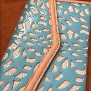 Sondra Roberts Blue and Tan Cutout Clutch